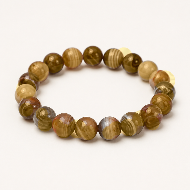 Polished round garden and golden healer quartz beaded bracelet with golden, clear, and earthy inclusions.