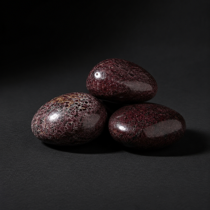 Three polished deep crimson garnet palm stones arranged on a matte black surface