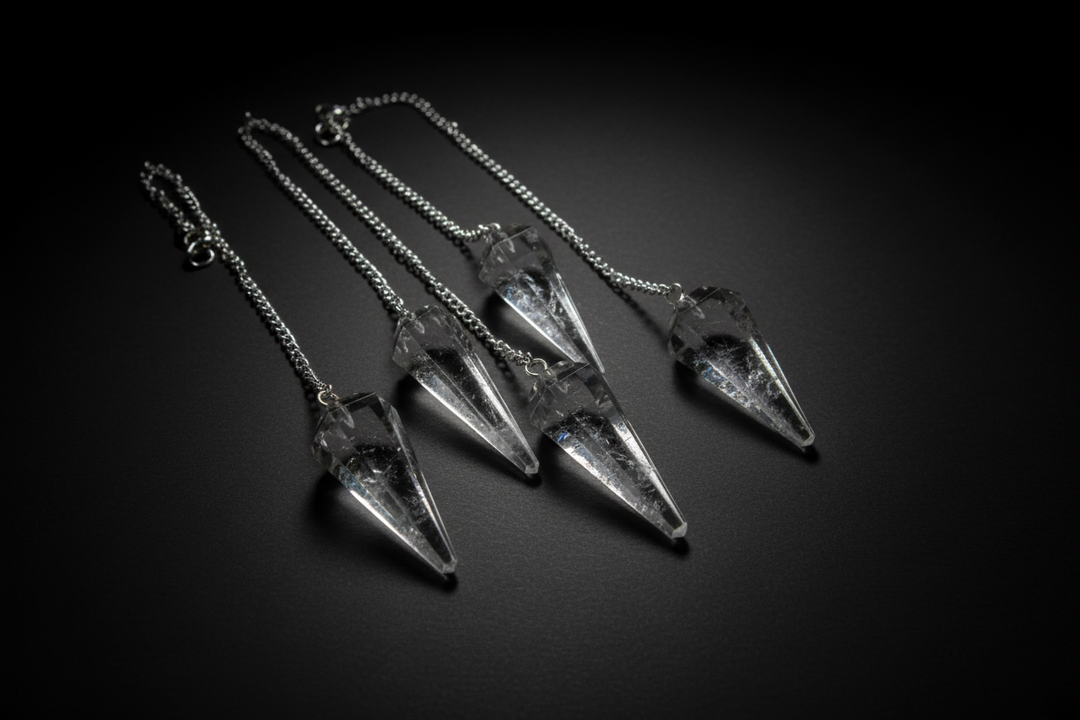 Assortment of pointed gemstone pendulums with chains on a wooden surface