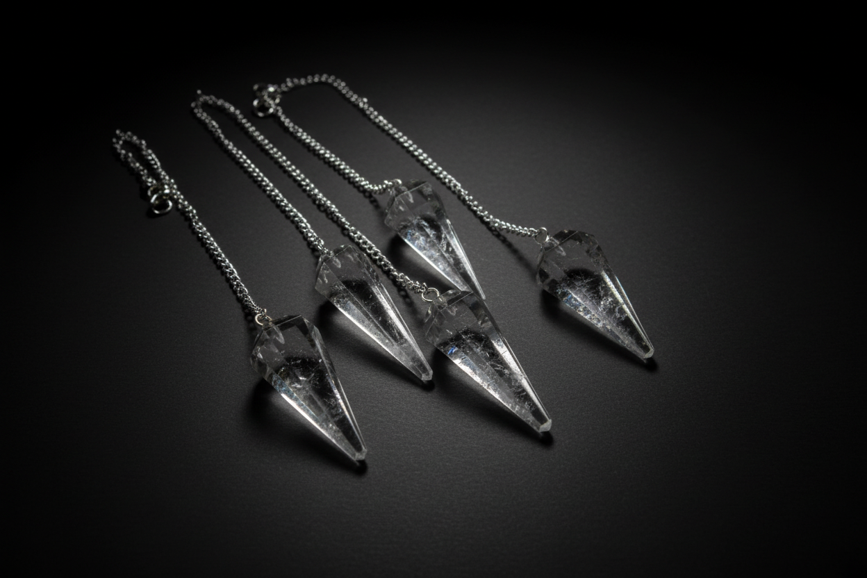 Assortment of pointed gemstone pendulums with chains on a wooden surface