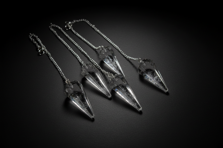 Assortment of pointed gemstone pendulums with chains on a wooden surface