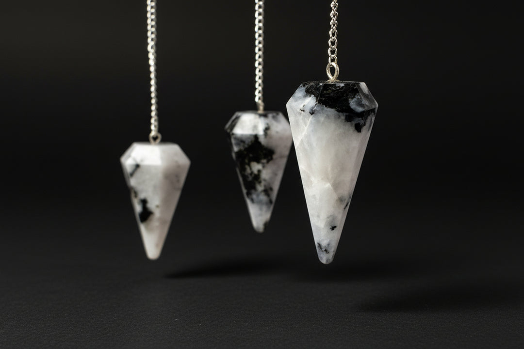 Assortment of pointed gemstone pendulums with chains