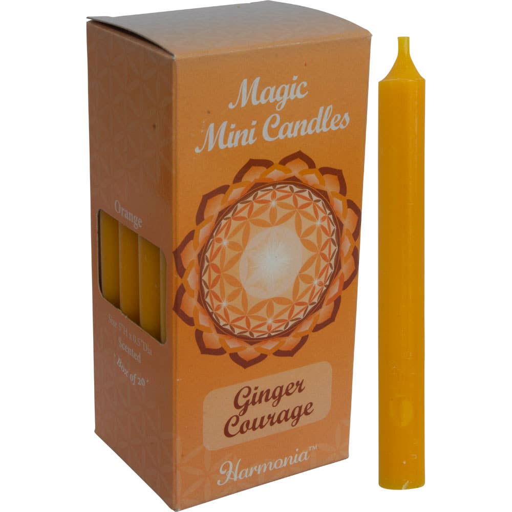 Orange 'Magic Mini Candles' with packaging labeled 'Ginger Courage' by Harmonia on a white background.