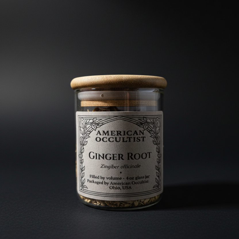 Dried ginger rhizome (Zingiber officinale) in a labeled glass ritual herb jar with bamboo lid