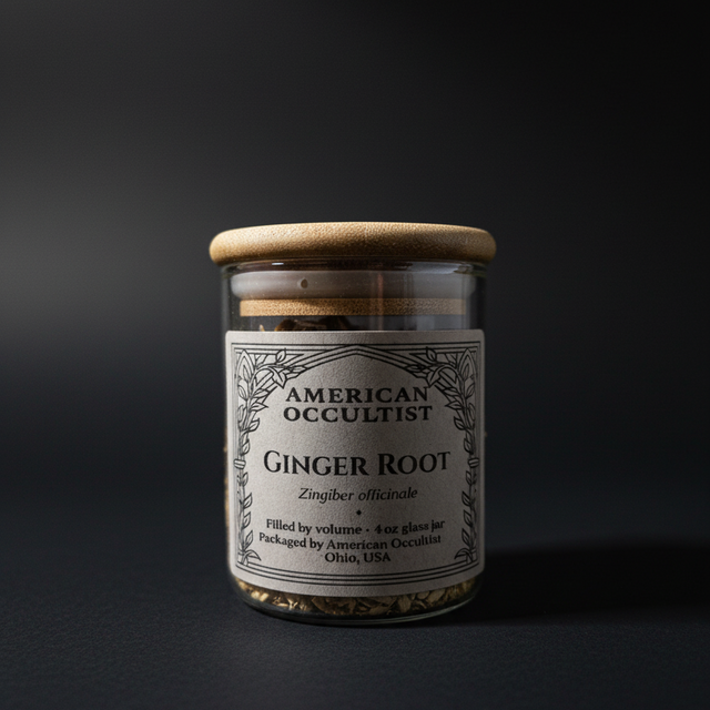 Dried ginger rhizome (Zingiber officinale) in a labeled glass ritual herb jar with bamboo lid
