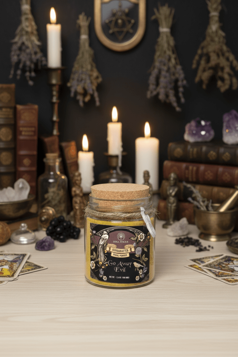 Candle jar with a label on a table with candles and decorative items in the background