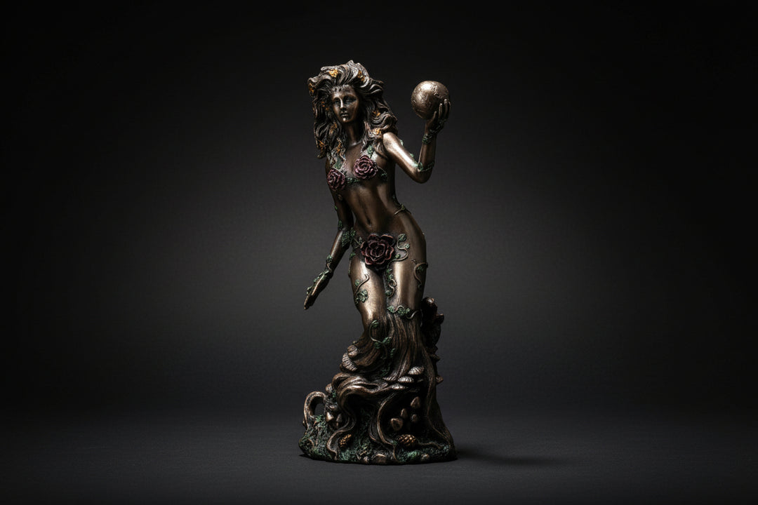 Bronzed resin Gaia Earth Mother statue shown from the front