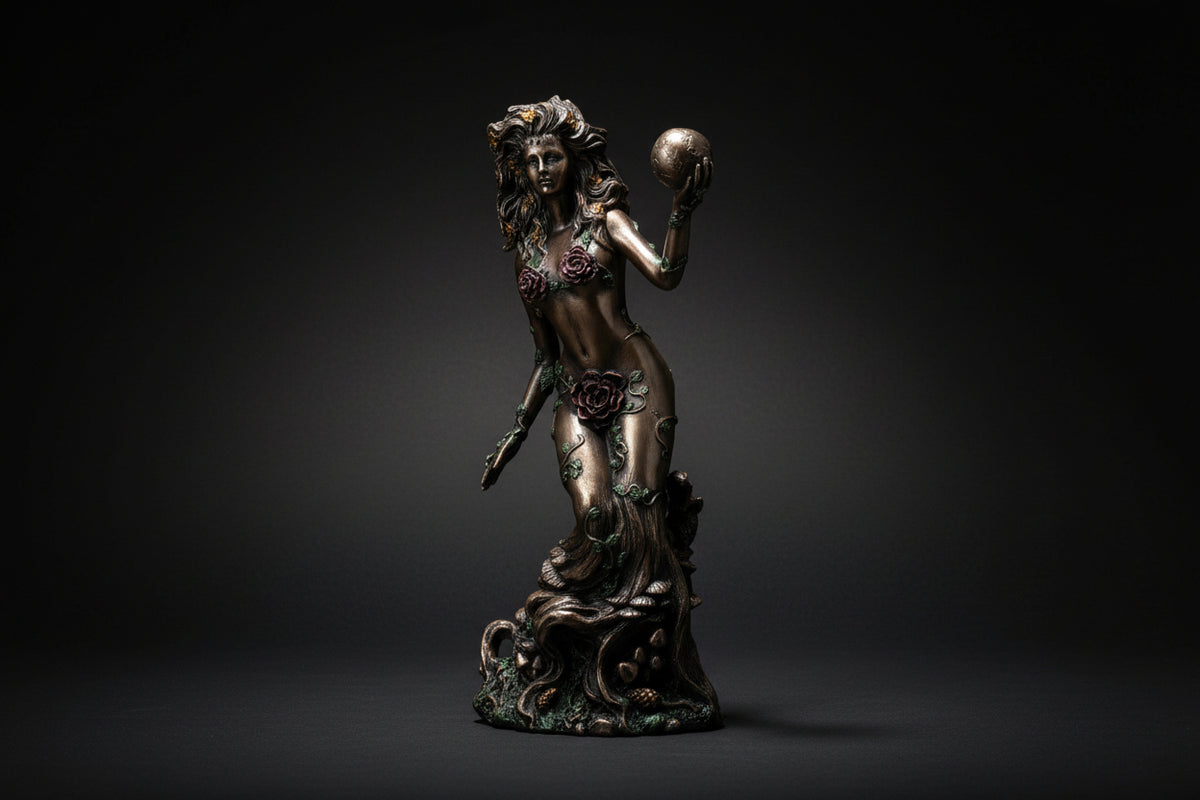 Bronzed resin Gaia Earth Mother statue shown from the front