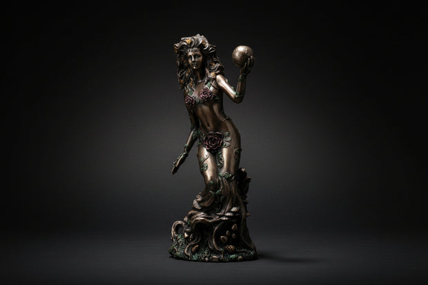 Bronzed resin Gaia Earth Mother statue shown from the front