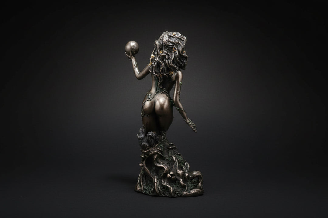 Bronzed resin Gaia statue shown from a side angle