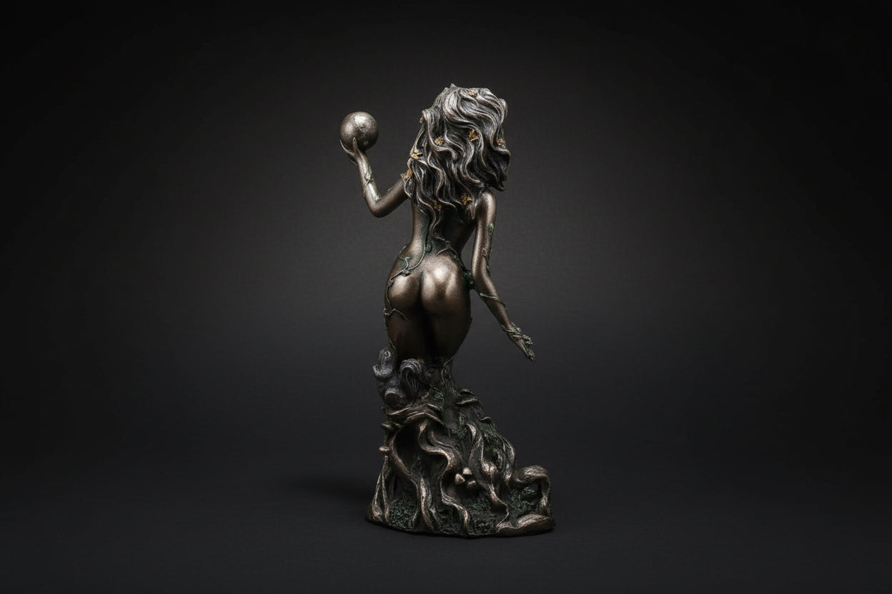 Bronzed resin Gaia statue shown from a side angle