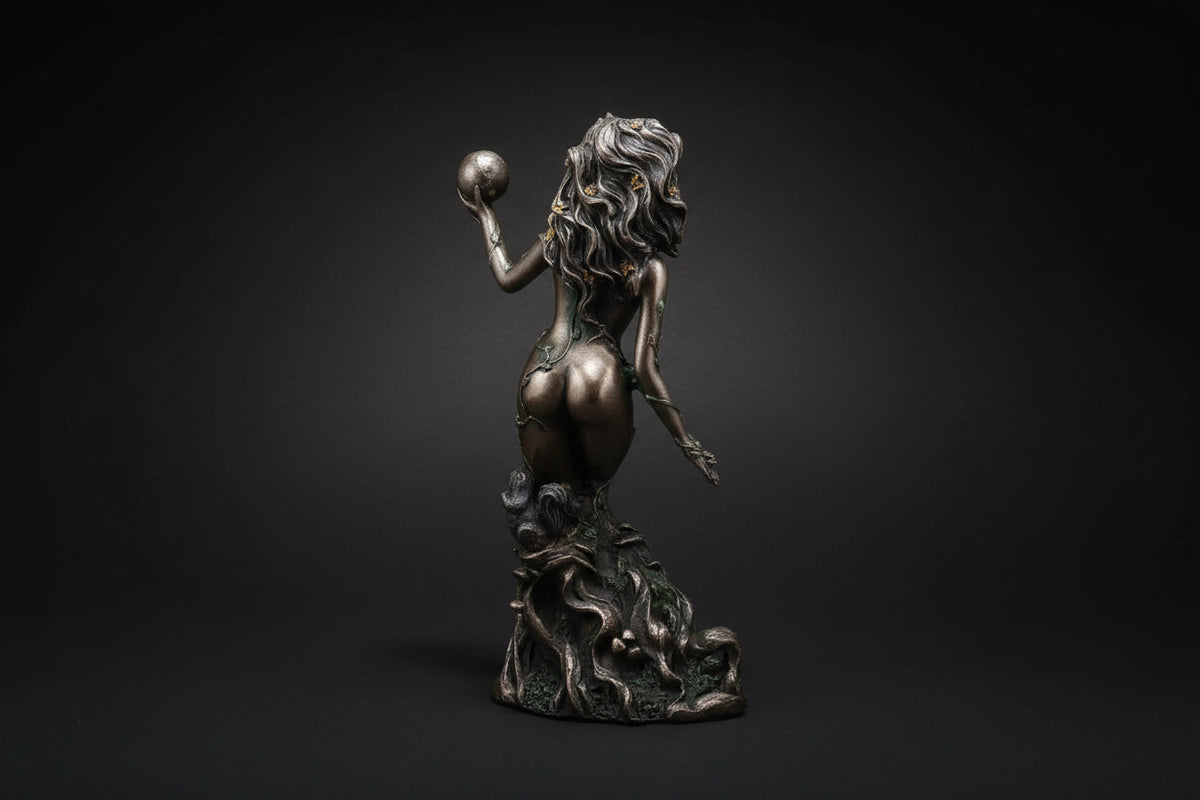 Bronzed resin Gaia statue shown from a side angle