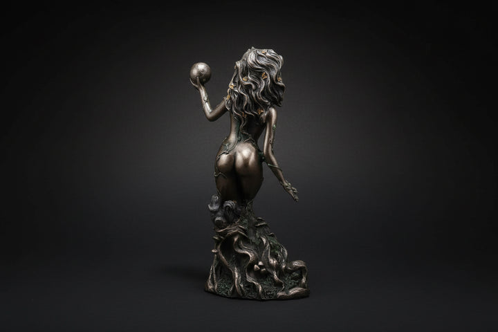 Bronzed resin Gaia statue shown from a side angle