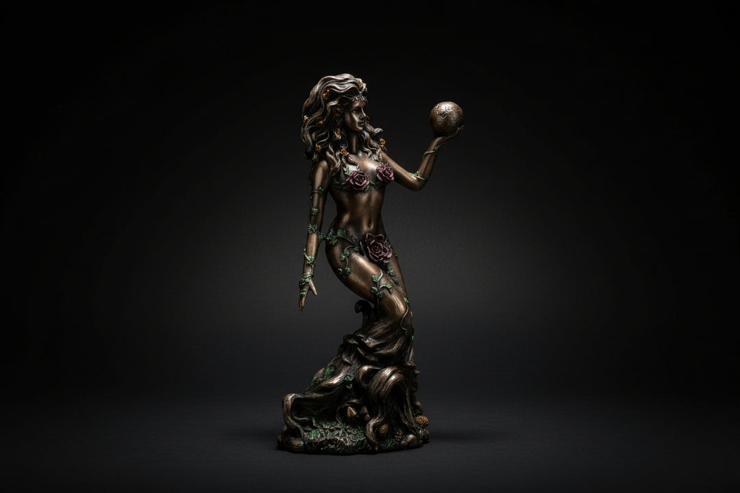 Bronzed resin Gaia statue shown from the rear and side