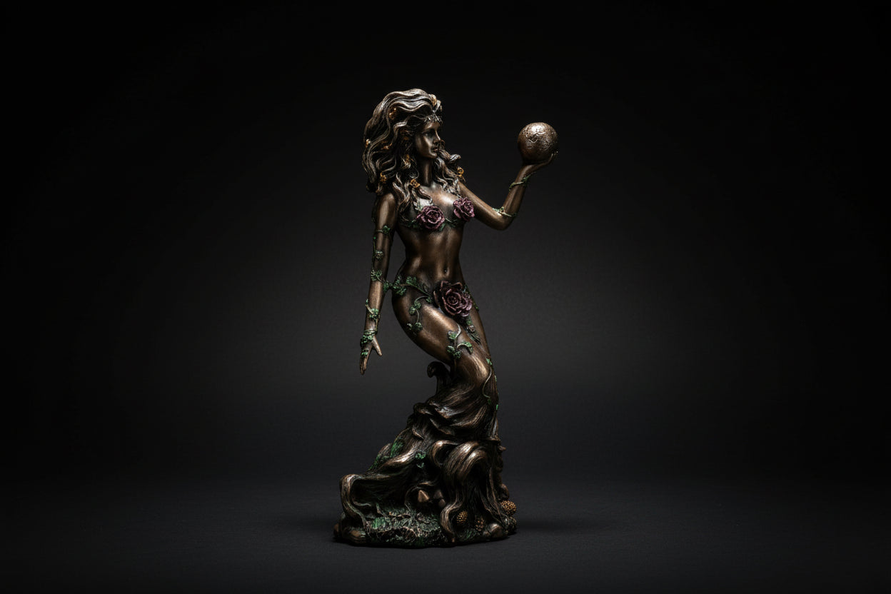 Bronzed resin Gaia statue shown from the rear and side