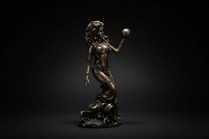 Bronzed resin Gaia statue shown from the rear and side