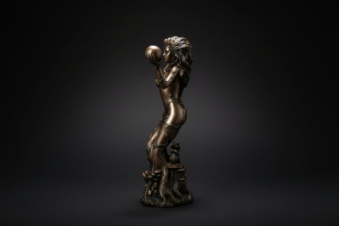 Bronzed resin Gaia statue shown from an alternate angle