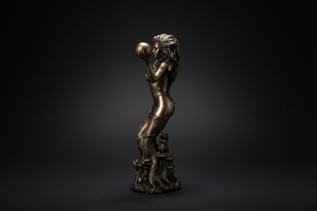 Bronzed resin Gaia statue shown from an alternate angle