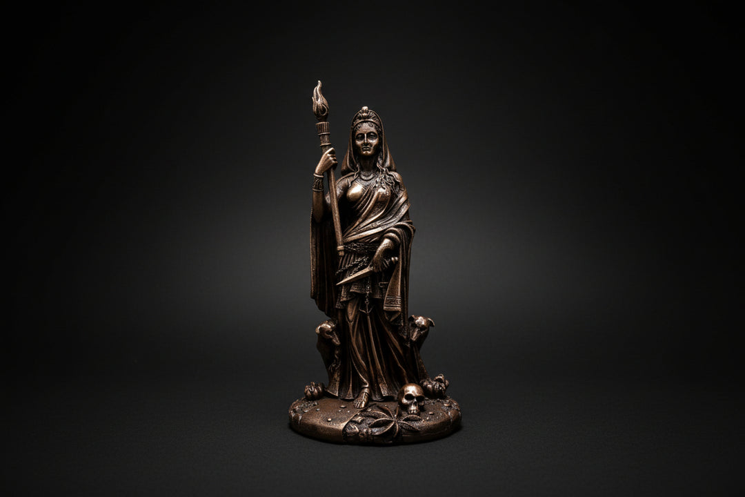 Hecate-inspired statue holding a staff shown from the front