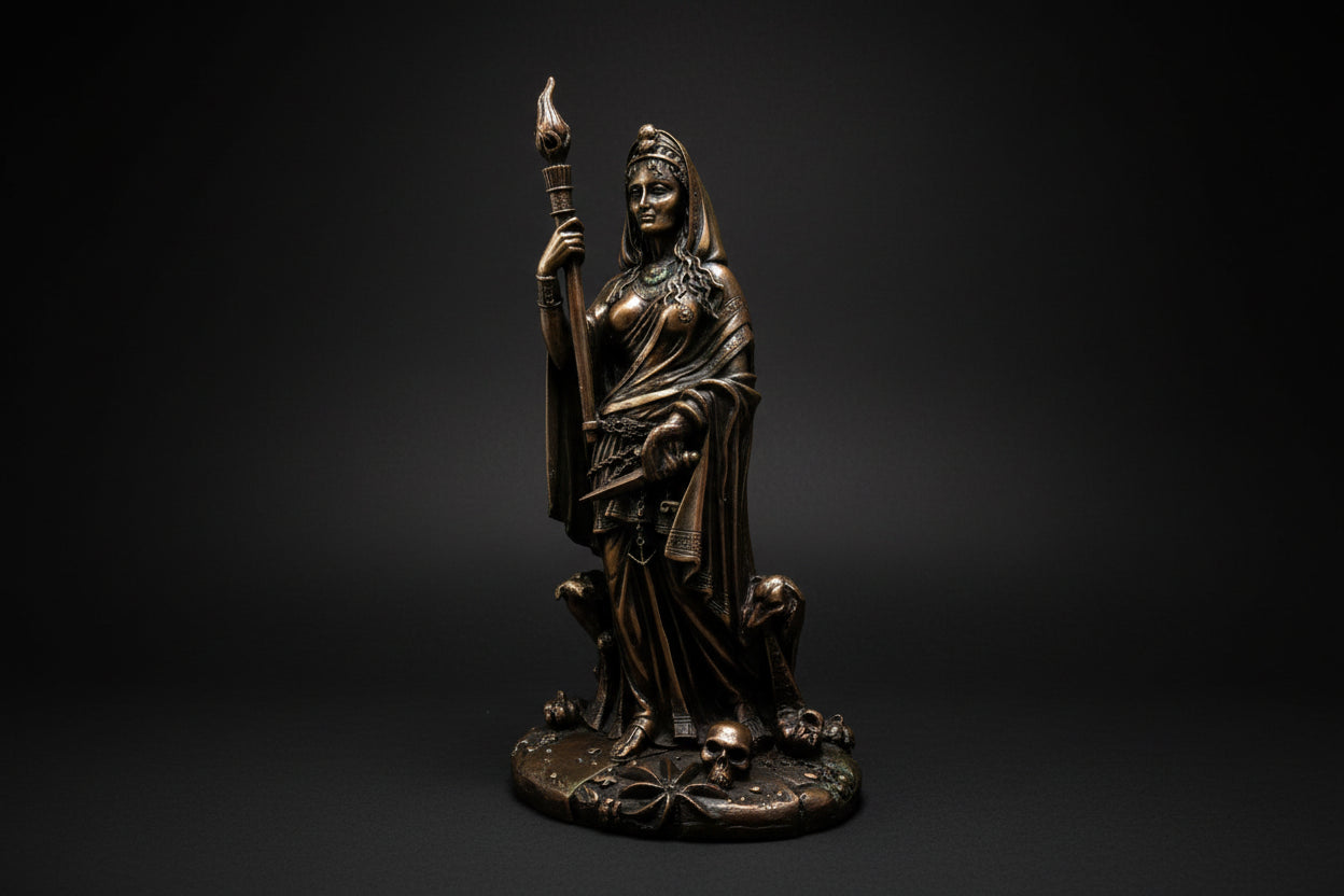Hecate-inspired statue holding a staff shown from a side angle
