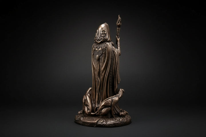 Hecate-inspired robed statue with staff shown from an alternate angle