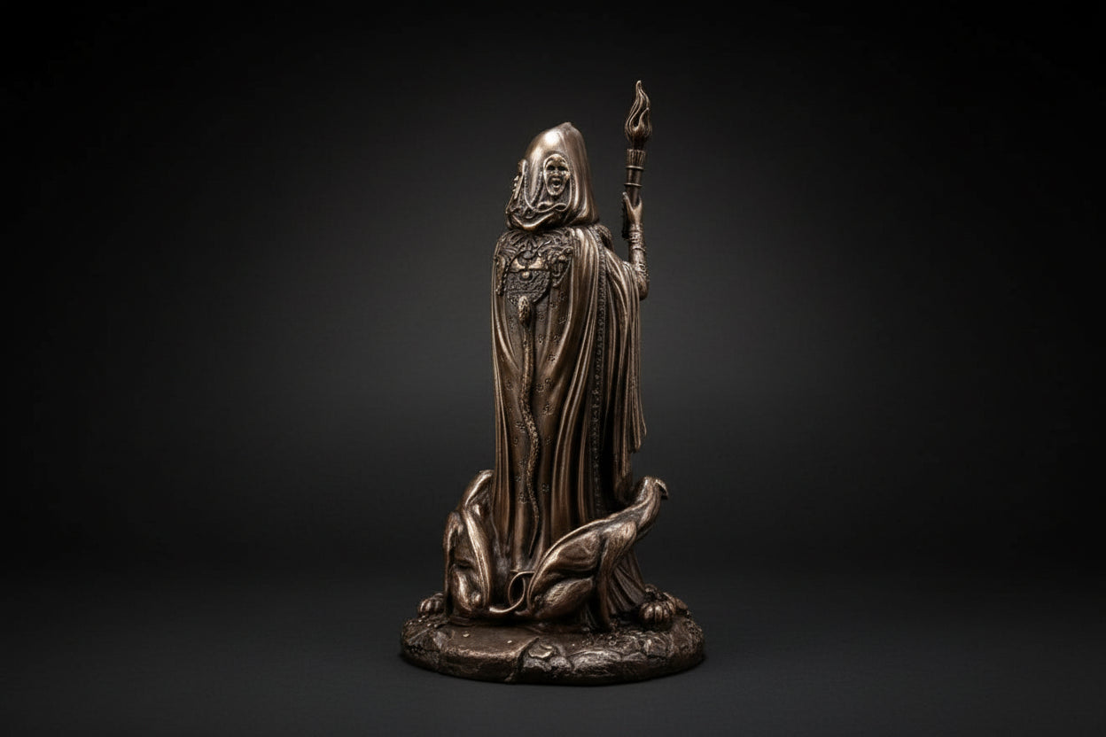 Bronze statue of a figure in robes with a staff on a white background