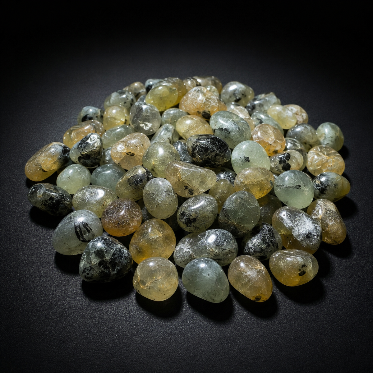 Assortment of polished yellow-green and gray-green Prehnite stones with dark inclusions on black