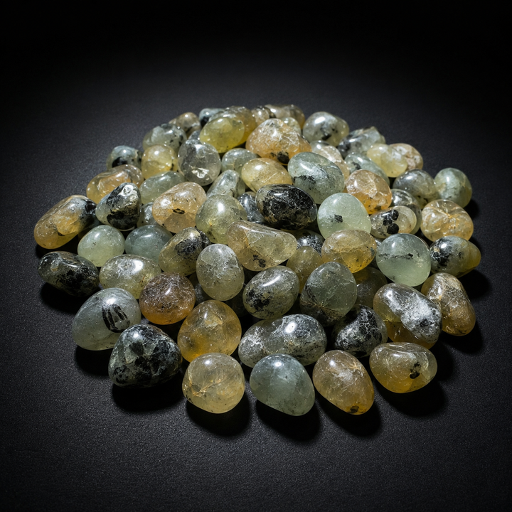 Assortment of polished yellow-green and gray-green Prehnite stones with dark inclusions on black