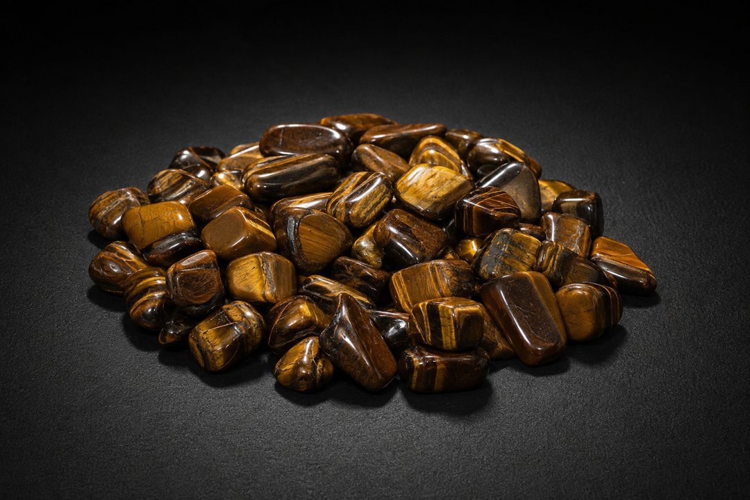 Pile of polished golden-brown Tiger Eye tumbled stones with chatoyant banding on black
