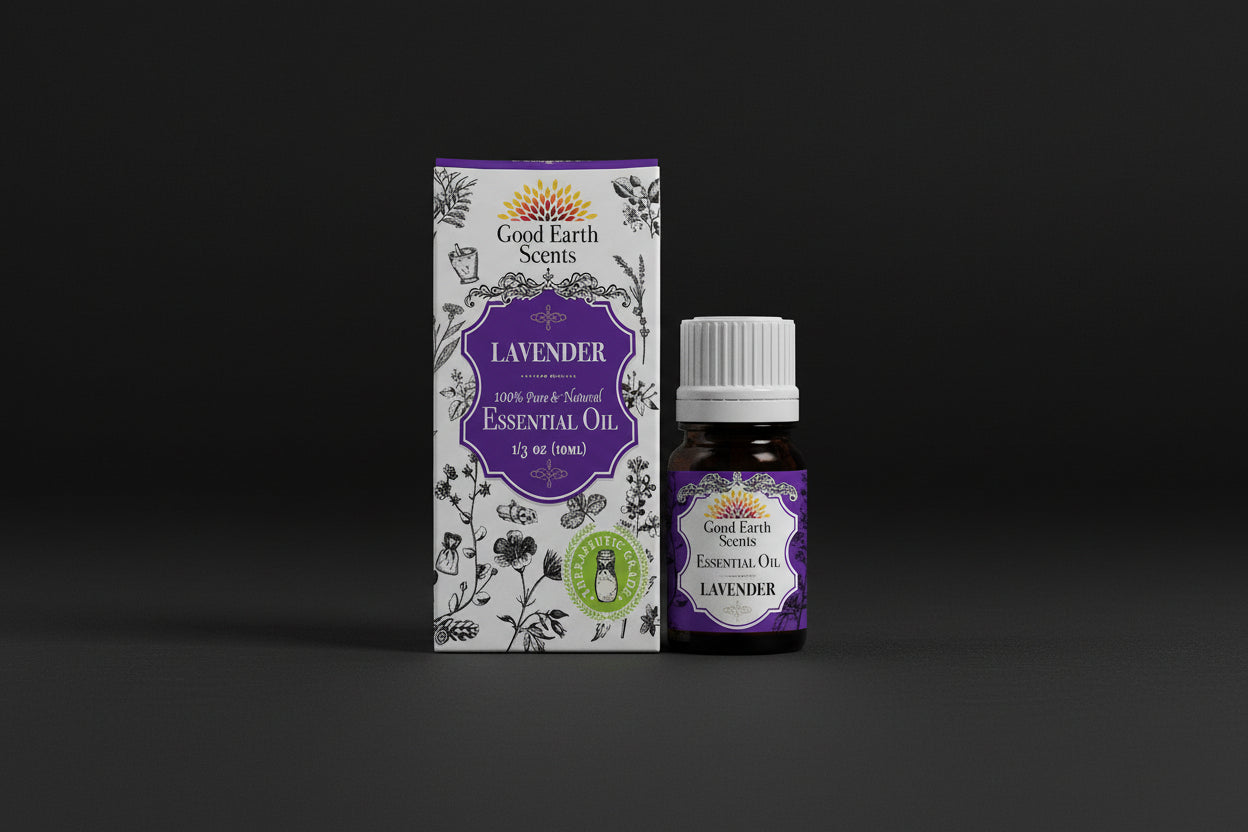 Good Earth Scents lavender essential oil bottle with label on a white background