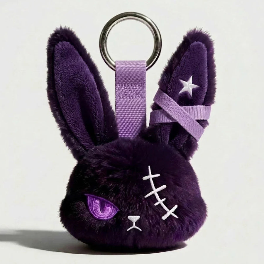 Gothic Bandage-Stitched Bunny Plush Keychain – Deep Purple