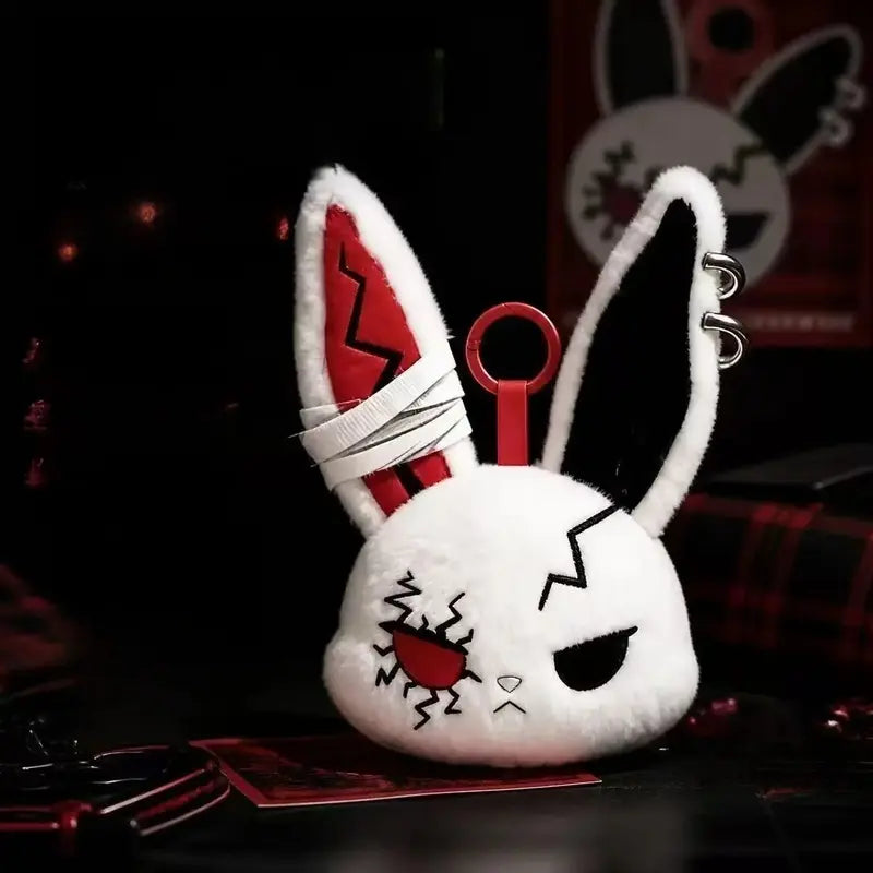 Gothic bandage-stitched bunny plush keychain in red, black, and white