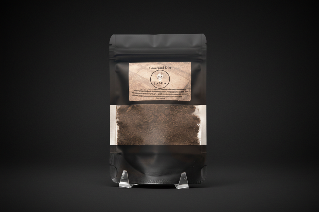 Graveyard dirt in labeled ritual supply packaging