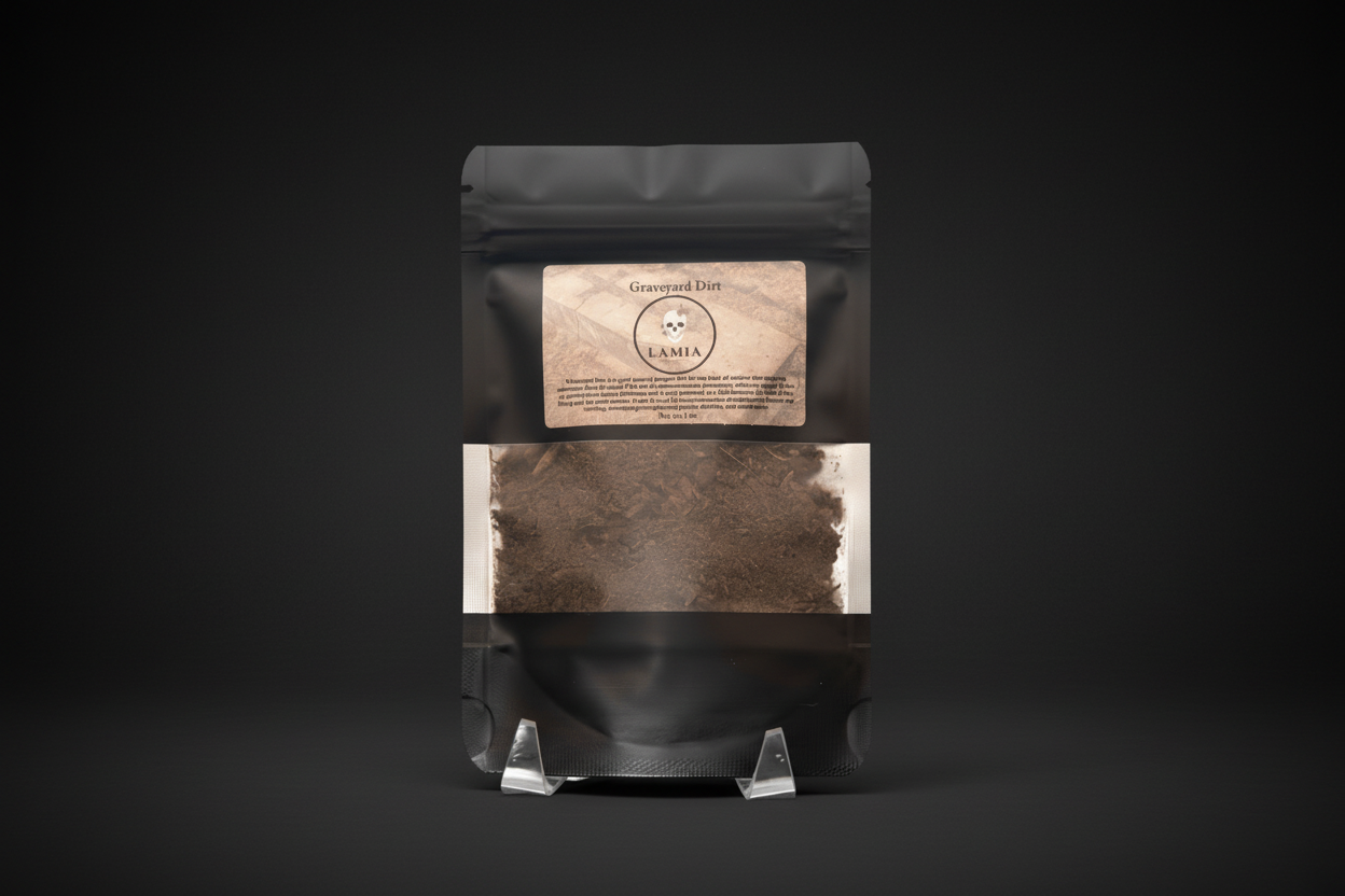 Graveyard dirt in labeled ritual supply packaging