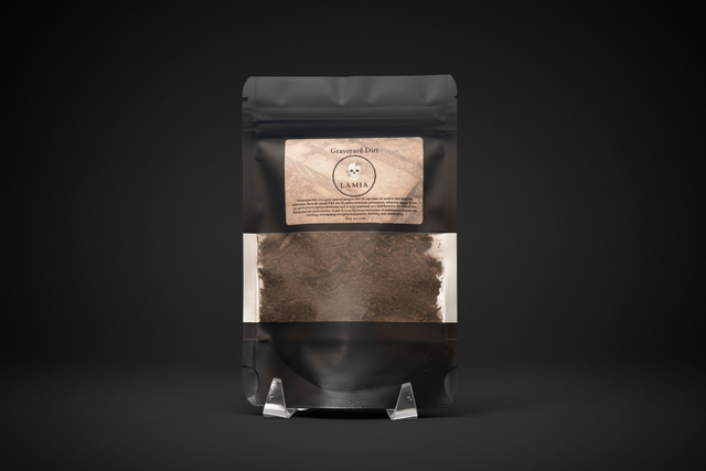 Graveyard dirt in labeled ritual supply packaging