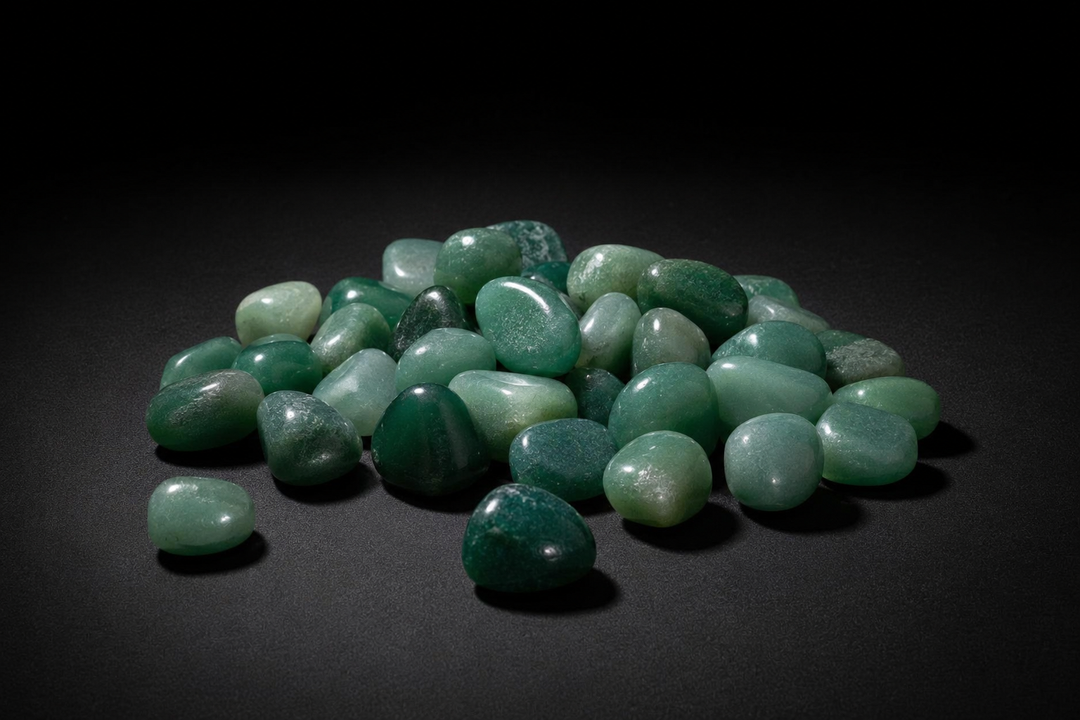 Assortment of polished Green Aventurine tumbled stones in varied natural green shades on black