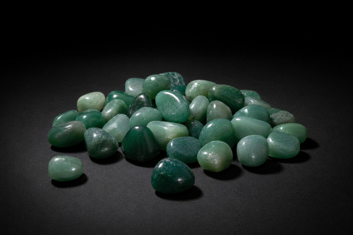 Assortment of polished Green Aventurine tumbled stones in varied natural green shades on black