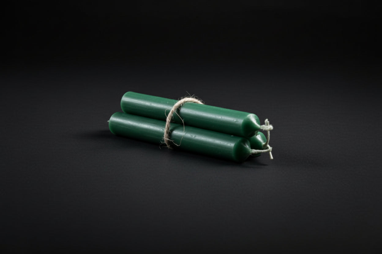 Green chime candles tied with gold string, lit at one end, on a dark background with a copper bowl and herbs.