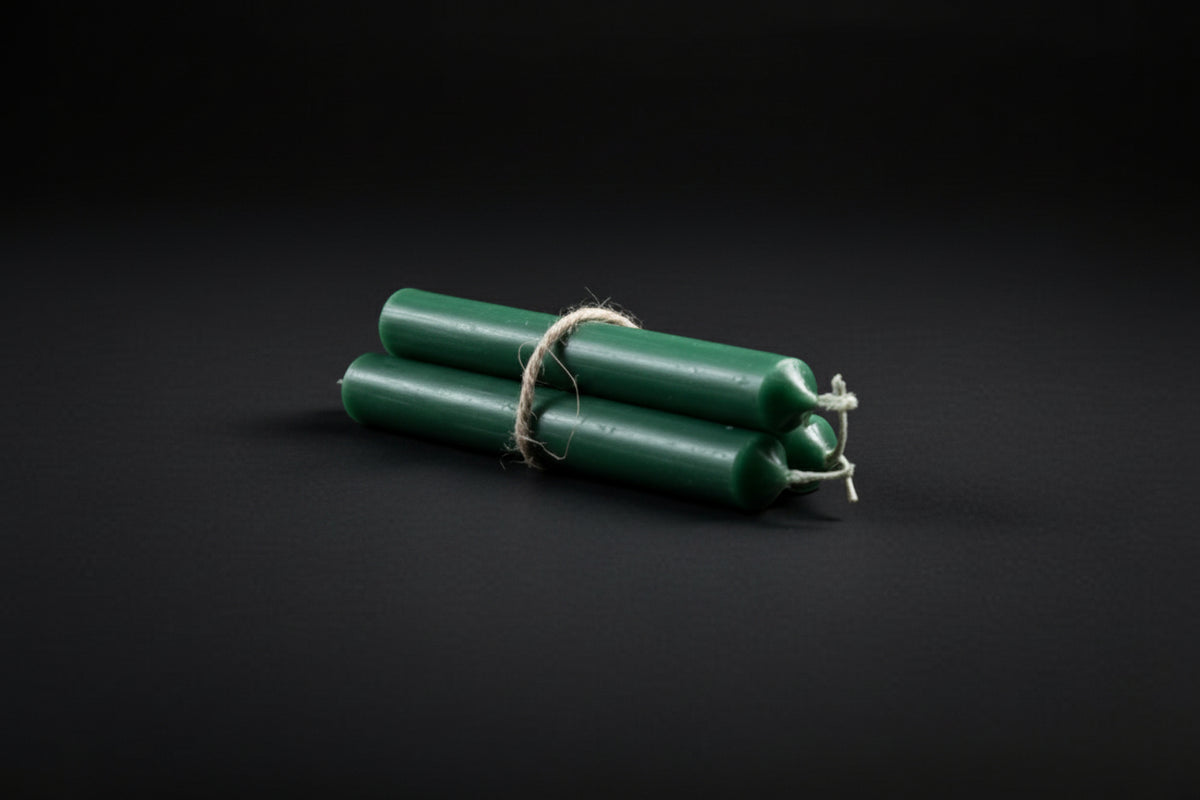 Green chime candles tied with gold string, lit at one end, on a dark background with a copper bowl and herbs.