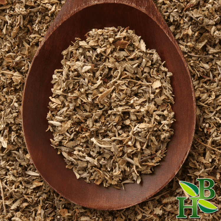 Dried herbs in a wooden scoop with a brand logo in the corner