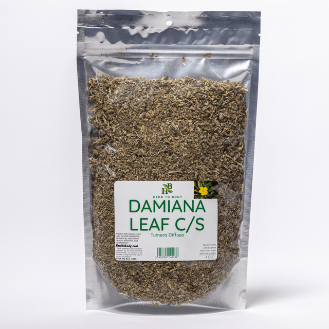 Packaged damiana leaf with a label on a white background