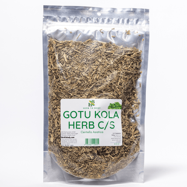 Packaged Gotu Kola herb with a label on a white background