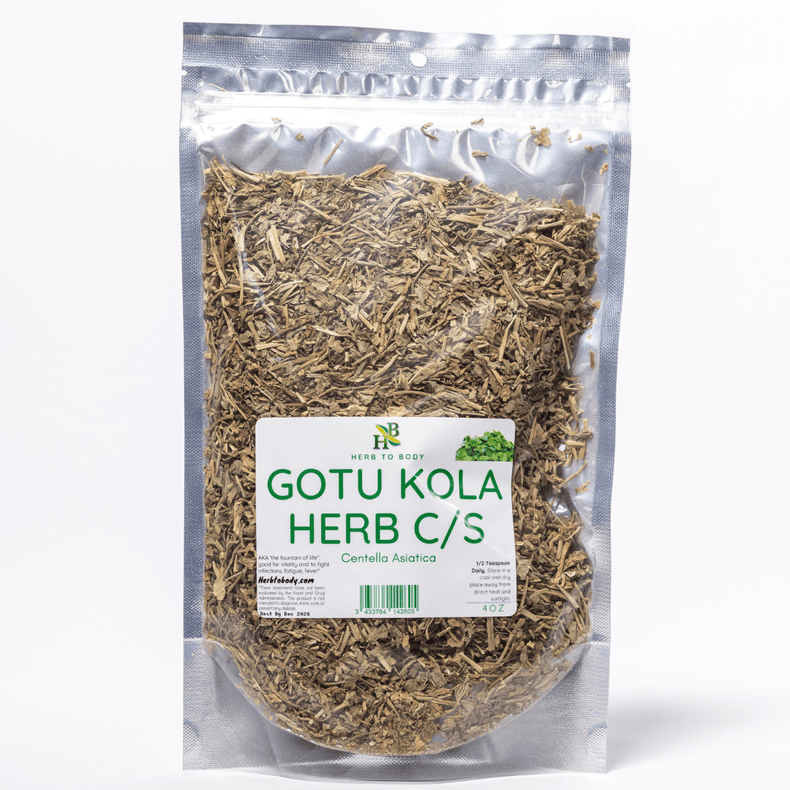 Packaged Gotu Kola herb with a label on a white background