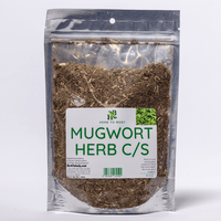 Packaged mugwort herb with a visible label on a white background