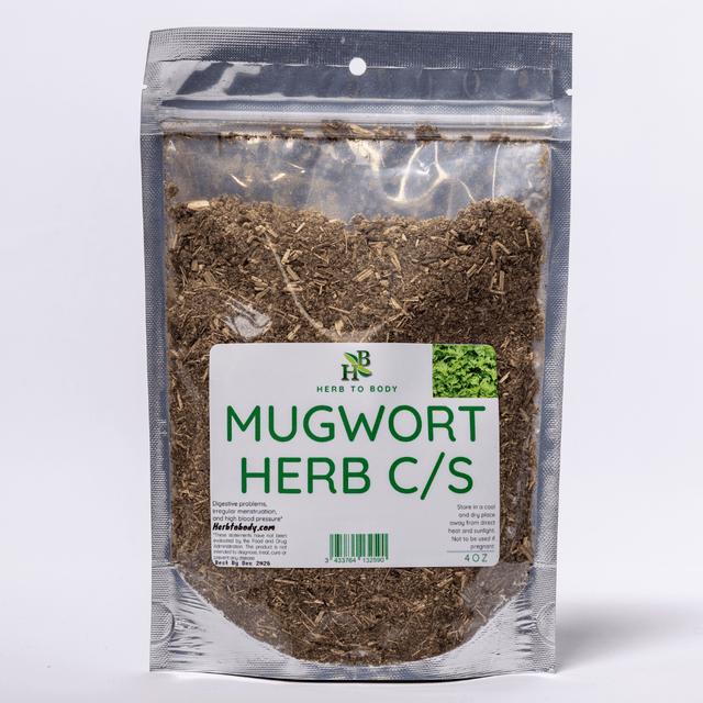 Packaged mugwort herb with a visible label on a white background
