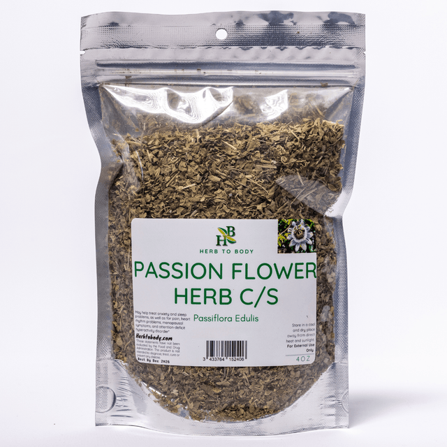 Package of passion flower herb with 'Herb to Body' label on a white background