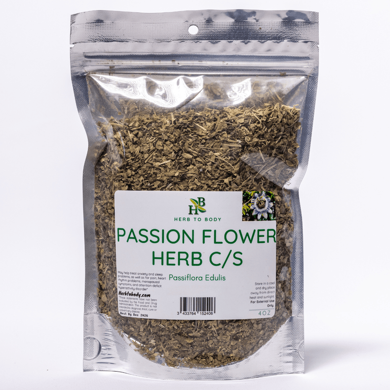 Package of passion flower herb with 'Herb to Body' label on a white background