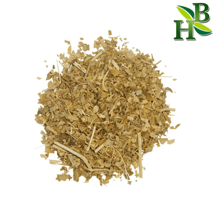 Heap of dried herbs on a white background with a visible brand logo in the corner.