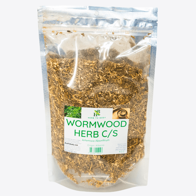 Packaged wormwood herb with a label on a white background