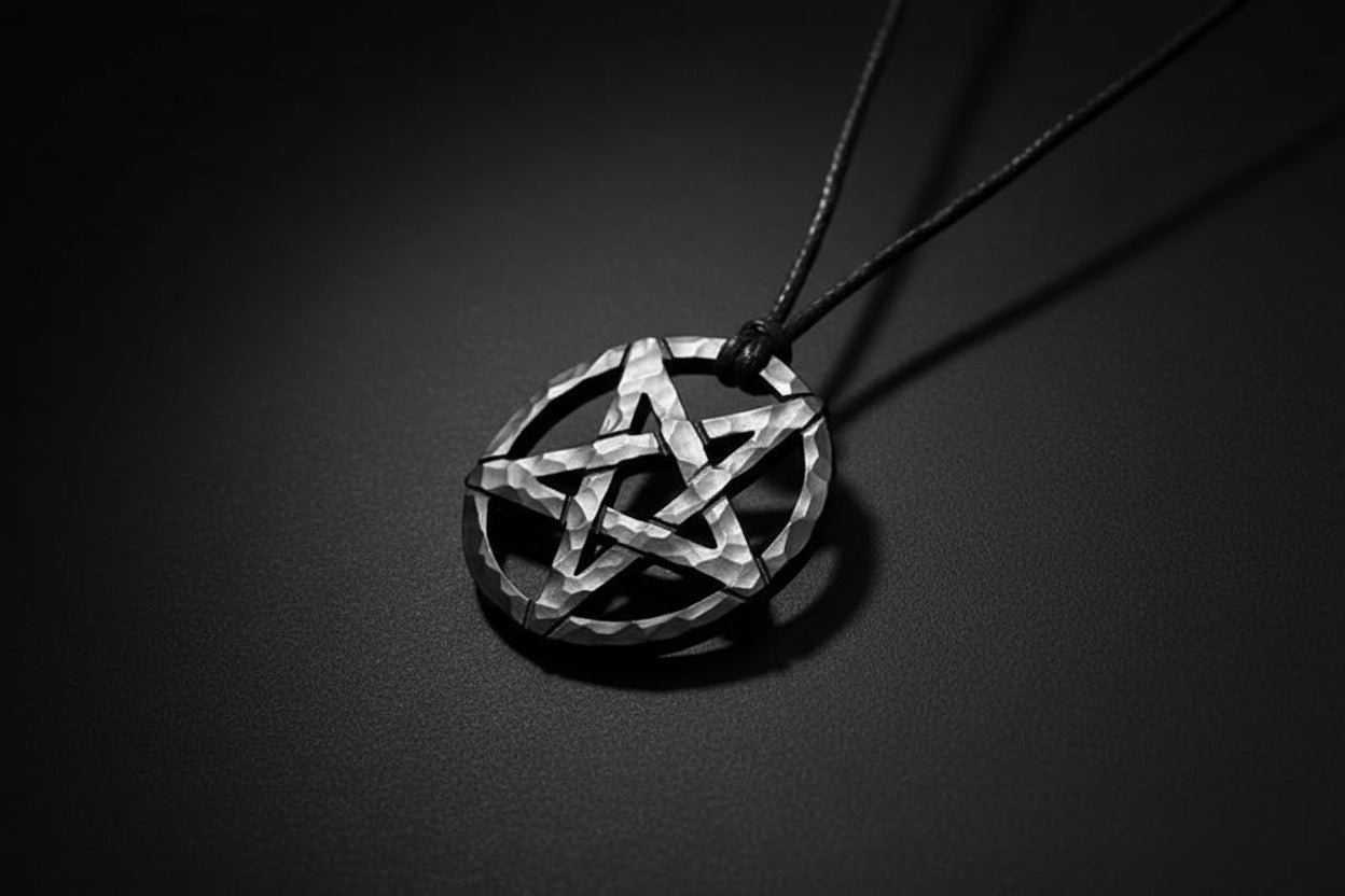 Pentagram pendant on a cord against a wooden background